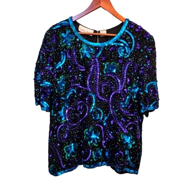 Laurence Kazar Tops - VINTAGE Laurence Kazar 100% Silk Sequin Formal Cocktail Top Size PXL